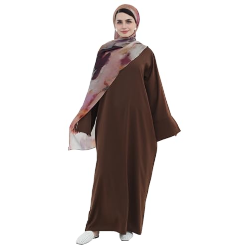 Printing Long Sleeve Abaya with Zipper for Women Dubai and Turkey Robe Spring and Summer Loose and Causual Dress - color: Coffee+hijab, size: Large