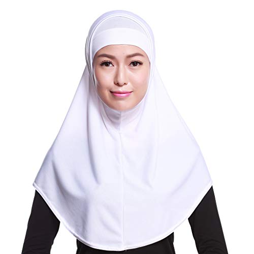 XISAOK Womens 2 Piece Solid Color Amira Jersey Muslim Hijab Soft Cotton Stretch Head Scarf with Tube Inner Underscarf Cap Hood White
