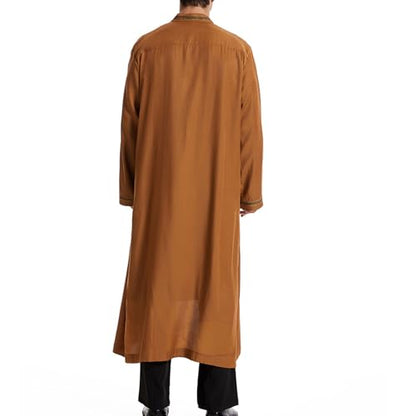 Thobe for Men Abaya Islamic Clothing Loose Long Sleeve Muslim Kaftan Open Front Dubai Arabic Robe Prayer Costume - color: Khaki, size: 3X-Large