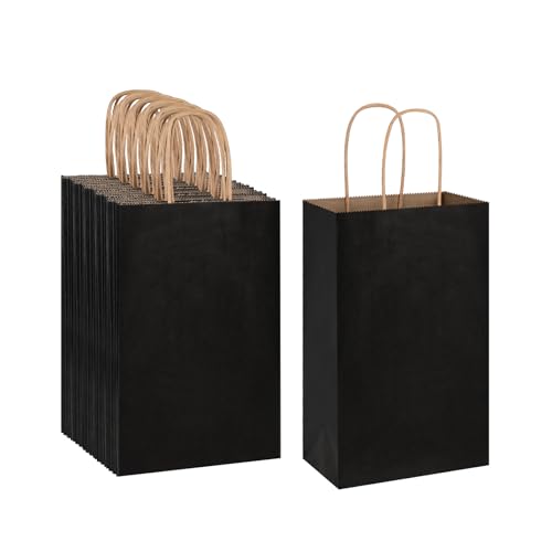 Oikss 50 Pack 5.25x3.25x8.25 inch Small Kraft Paper Bags with Handles Bulk, Birthday Wedding Party Favors Grocery Retail Shopping Business Goody Craft Gift Bags Cub Sacks (Black) - color: Black