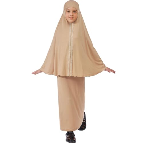 Lenmipot Kids Jilbab 2pcs Abaya Girls Muslim Prayer Dress Kids Eid Full Cover Abaya Dress Set Islamic Prayer Jilbab for Girl - color: Khakia, size: 6-7 Years