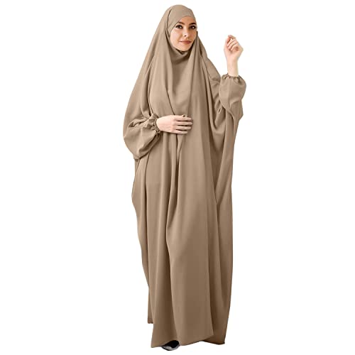 FPOVFPO Womens One-Piece Solid Abaya Muslim Prayer Dress Islamic Maxi Kaftan with Hijab Dubai Full Length Dress - color: Khaki