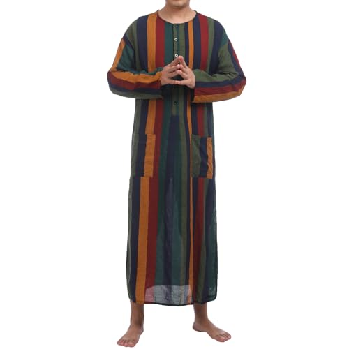 IWEMEK Muslim Thobe for Men Striped Kaftan Thobe with Pockets Saudi Arabic Robe Button up Dubai Abaya Caftan Ramadan Clothes - color: Yellow, size: Small