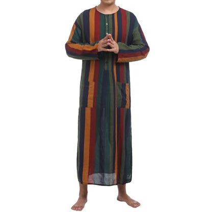 IWEMEK Muslim Thobe for Men Striped Kaftan Thobe with Pockets Saudi Arabic Robe Button up Dubai Abaya Caftan Ramadan Clothes - color: Yellow, size: Medium