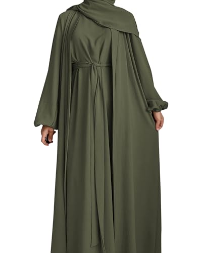 Women's Muslim Dress Two Pieces Set Islamic Prayer Abaya Modest Solid Color Muslim Outfits - color: Army Green Abaya and Army Green Hijab, size: Medium