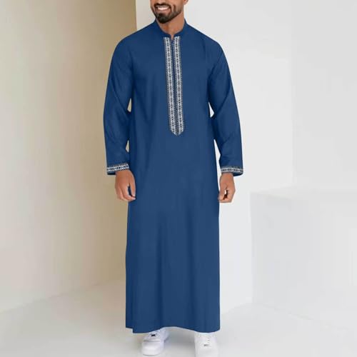 Mens Kaftan Thobe Side Split Long Sleeve Zipped Caftan Cotton Linen Hoodie Muslim Gown Casual Arabic Robe Kurta Tops - color: 07navy, size: Small
