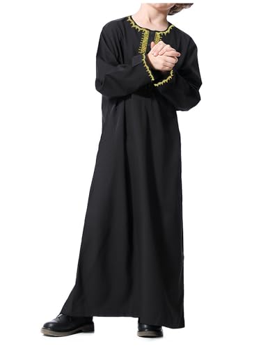 WSPLYSPJY Embroidered Muslim Thobe for Boys Solid Color Islamic Kaftans Button Down Gown with Pocket - size: 7-8 Years