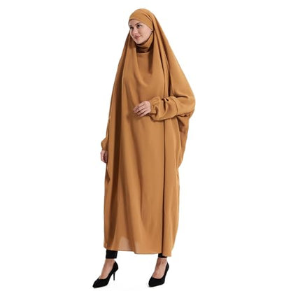 Lmdudan Muslim Women Islamic Full Cover Prayer Dress Long Sleeve Loose Abaya Hijab Outfit 2026 Ramadan Modest Prayer Clothes - color: Khaki, size: Medium