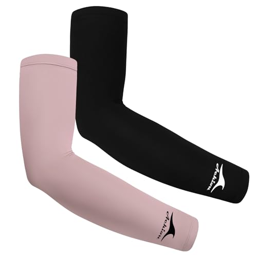 Achiou Cooling Ice Silk Arm Sleeves, Summer UV Sun Protection Compression Sleeves UPF 50+ for Women Volleyball Youth Sports - color: 2 Pairs: 1pair Black,1 Pair Pink