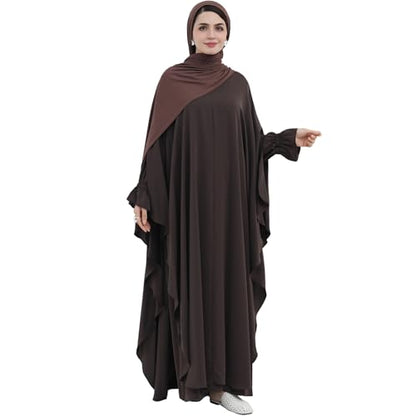 2PCS Women's Muslim Abaya Dress Lace Cuffs Islamic Dubai Prayer Robe Smooth Flowy Muslim Women Clothes - color: Dark Coffee, size: Medium