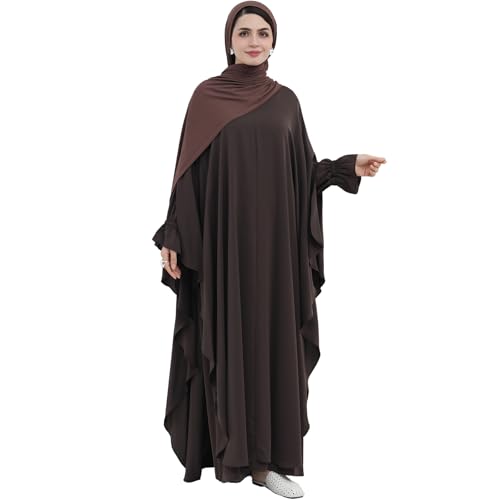 2PCS Women's Muslim Abaya Dress Lace Cuffs Islamic Dubai Prayer Robe Smooth Flowy Muslim Women Clothes - color: Dark Coffee, size: Medium