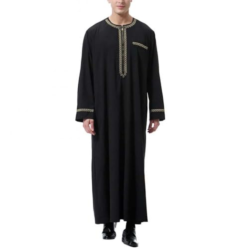 Muslim Robe for Men Arab Long Sleeve Kaftan Islamic Arabic Abaya Thobe Ramadan Middle East Islamic Cloth Shirt Gown - color: Black, size: Large