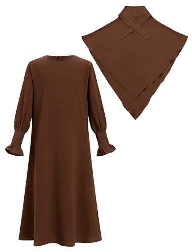 IDOPIP Muslim Dress for Girls Islamic Prayer Abaya Smocked Long Sleeve Kaftan Robe Dresses with Hijab Ramadan Dubai Outfits - color: Coffee, size: 7-8 Years