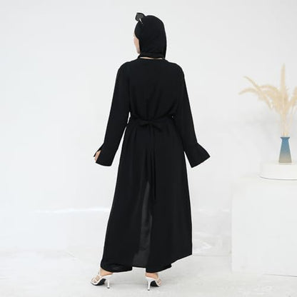IDOPIP Muslim Women 2-Piece Set Long Sleeve Ramadan Islamic Abaya Dress Shirt with Pants Loose Fit Casual Dubai Prayer Outfit - color: Black, size: X-Small-Small