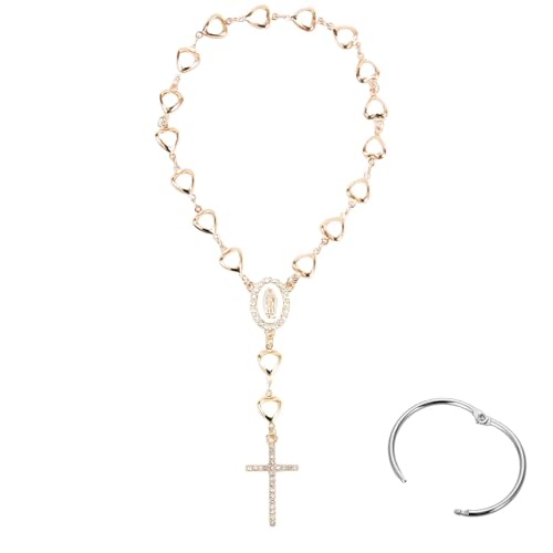 Car Rosary for Rearview Mirror, Evil Eye Auto Rosary Beads, Car Medal and Hanging Accessories for Interior Decors for Women Men (heart- Golden) - color: Gold