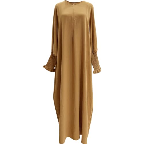 Lenmipot Islamic Women Jilbab Abayas Muslim Abaya Dress for Women Middle East Kaftan Dubai Dress Eid Prayer Clothes - color: Khaki