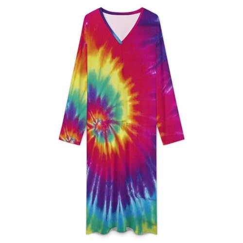 Pastel Rainbow Tie Dye Mens V Neck Long Sleeve Robe Loose Kaftan Long Gown Thobe