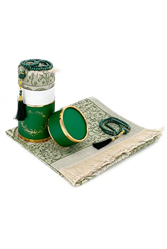 ihvan online Muslim Prayer Rug and Prayer Beads with Elegant Design Cylinder Gift Box, Janamaz, Soft Sajadah, Islamic Gifts Set, Portable Prayers Carpet Mat, Taffeta Fabric, Green - color: Green