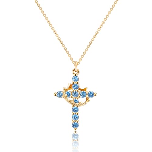 Robaice Upgraded Crown Cross Necklace for Women, 14K Gold Plated - color: M12 Zircon Blue, Dec