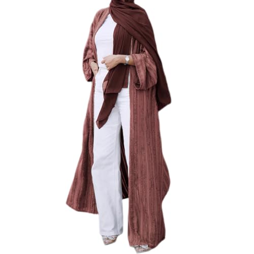 Womens Muslim Kimono Abaya Solid Striped Retro Ethnic Cardigan Robe Dubai Middle Eastern Saudi Arabia Eid Clothes - color: Brick Red Long Cardigan, size: XX-Large