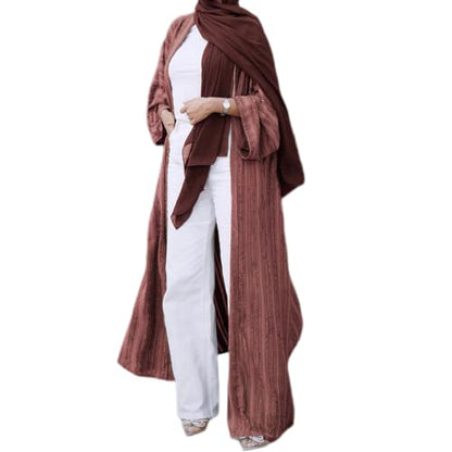 Womens Muslim Kimono Abaya Solid Striped Retro Ethnic Cardigan Robe Dubai Middle Eastern Saudi Arabia Eid Clothes - color: Brick Red Long Cardigan, size: XX-Large