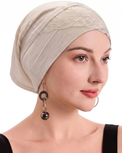 ZLYC Hijab Cap for Muslim Women Soft Stretchy Open-Back Inner Undercap - color: Lace Beige
