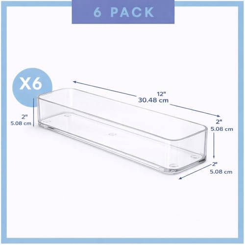 primebox Plastic Clear Acrylic Drawer Organizers. Bathroom, Kitchen, Bedroom, Utensils, Office Organizer Bins, Storage Trays. Heavy Duty, Stackable. 9" x 2" x 2" Set of 6 - size: 9" x 2" x 2"