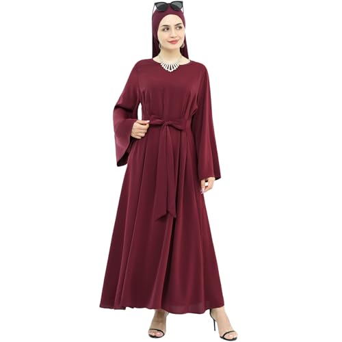 khalat Muslim Abaya Dress Women Solid Color Modest Prayer Robe Islamic Dubai Long Sleeve Lightweight Maxi Dress - color: Red, size: X-Large