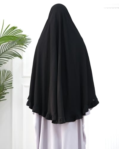 Muslim Prayer Hijab Solid Color Ruffled Head Scarf Women Islamic Head Cover Khimar - color: Black
