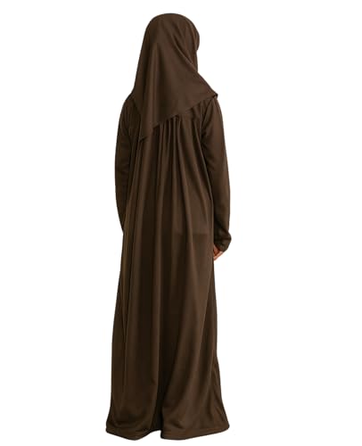 Prien Kids Prayer Dress Muslim Clothes for Girls Long Sleeve Abaya with Hijab Two Piece Maxi Islamic Set Scarf Kaftan Jilbab - color: Brown