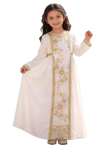 ABaoWedding Muslim Girls Abaya Prayer Dresses Islamic Arabian Kids Embroidered Long Sleeve Kaftan Dresses - color: White, size: 8