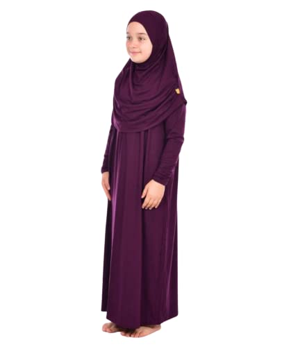 Prien Kids Prayer Dress Muslim Clothes for Girls Long Sleeve Abaya with Hijab Two Piece Maxi Islamic Set Scarf Kaftan Jilbab - color: Purple