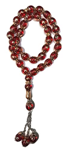 Muslim Tasbih 33 Rosary Bead AMN-276 Islam Prayer dhikr Misbaha with Masjid Image Printed on Laser Crystal Stone Beads Islamic Religion Eid Ramadan Gift (Red) - color: Red
