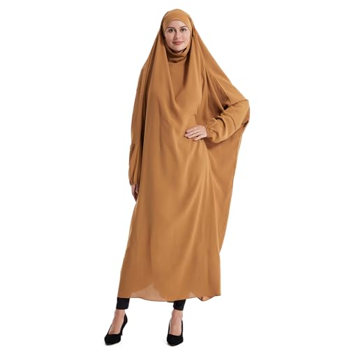 Lmdudan Muslim Women Islamic Full Cover Prayer Dress Long Sleeve Loose Abaya Hijab Outfit 2026 Ramadan Modest Prayer Clothes - color: Khaki, size: Large