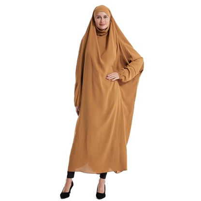 Lmdudan Muslim Women Islamic Full Cover Prayer Dress Long Sleeve Loose Abaya Hijab Outfit 2026 Ramadan Modest Prayer Clothes - color: Khaki, size: X-Large