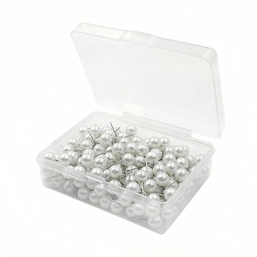 200PCS Pearl Head Pins, Decorative Pearl Ball Map Tacks with Plastic Storage Box, White Pearl Pushpins for DIY Wedding, Crafts, Sewing, Bulletin Board, Fabric Positioning (Pearl White)