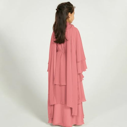 IDOPIP Muslim Girls Abayas Dress for Kids Long Sleeve Chiffon Islamic Kaftan Robe Open Front Cardigan Prayer Dress with Hijab - color: Pink, size: 4-5T