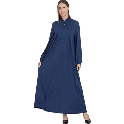Women Muslim Casual Dress Islamic Maxi Robe Chest Zipper Abaya 1PC Soft Muslim Abaya Eid Kaftan Robe Classic Dress - color: Navya, size: Large