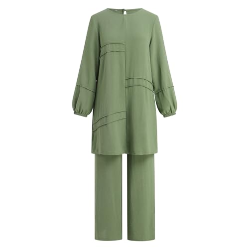 Abayas Dress For Women Muslim Long Sleeve Loose Top Pants 2 Pcs Dubai Islamic Muslim Women Matching Sets - color: Sage Green Cc, size: 3X-Large