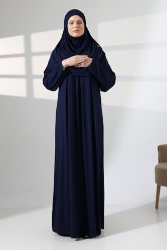 ihvan online Muslim Dresses for Women, Prayer Dress, Islamic Abaya with Hijab, One-Piece Long Sleeve Muslim Dress - color: Navy Blue