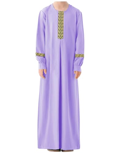 WSPLYSPJY Long Sleeve Abaya for Girls Muslim Islamic Dresses Kids Printed Maxi Prayer Clothes Robe - color: Light Purple, size: 7-8 Years