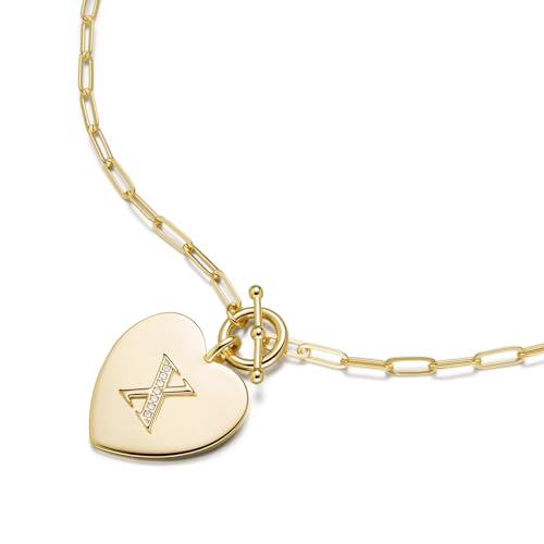 14K Gold Filled Heart Initial Necklace for Women, Dainty Alphabet Pendant Necklace with Paperclip Chain, Hypoallergenic Jewelry Gift for Her - color: Letter X