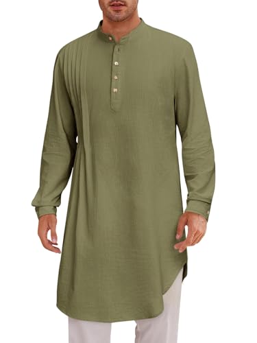 Runcati Mens Kaftan Thobe Cotton Linen Henley Shirt Long Sleeve Robe Casual Muslim Gown Kurta - color: Army Green, size: XX-Large