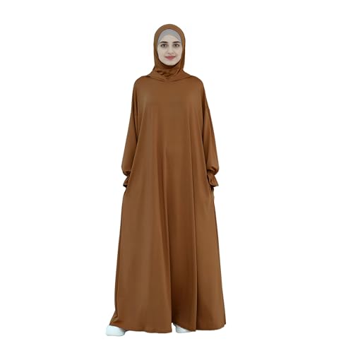 Abaya Muslim Women Hooded Dress Loose Sleeve Loose Maxi Modest Islamic Clothing Prayer Dress Kaftan - color: Brown
