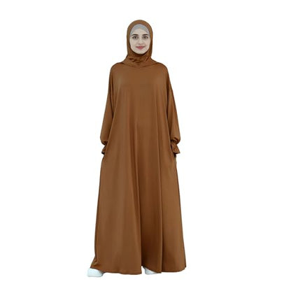 Abaya Muslim Women Hooded Dress Loose Sleeve Loose Maxi Modest Islamic Clothing Prayer Dress Kaftan - color: Brown