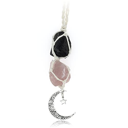 BOHO GARDEN Hanging Car Charm - Black Tourmaline & Rose Quartz - Dangling Moon, Healing Crystal Accessories, Rearview Mirror Decorations - Grounding, Confidence, Protection, Love, Self-Worth, Energy - color: Tourmaline-rose Quartz