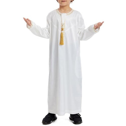 Boys Muslim Clothing Kids Prayer Outfits Long Sleeve Eid Dresses Embroidered Thobe Solid Color Crewneck Arabic Abaya - color: White, size: 5-6X