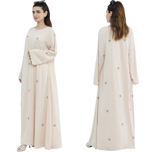 Abaya Dress for Muslim Women Bow Front Zipper Side Pockets Ramadan Eid Robe - color: Beige, size: Medium