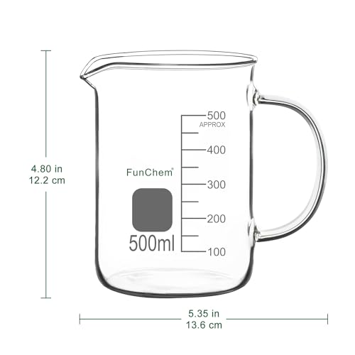 FunChem Glass Beaker with Handle, 500 ml Borosilicate Glass Clear Graduated Low Form Griffin Beaker with Pouring Spout - size: 500 ml