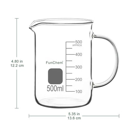 FunChem Glass Beaker with Handle, 500 ml Borosilicate Glass Clear Graduated Low Form Griffin Beaker with Pouring Spout - size: 500 ml